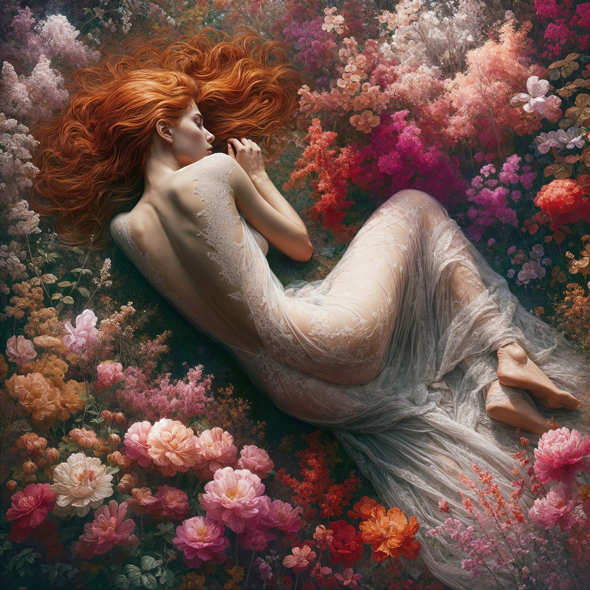 Woman with Red Hair Surrounded by Colorful Flowers