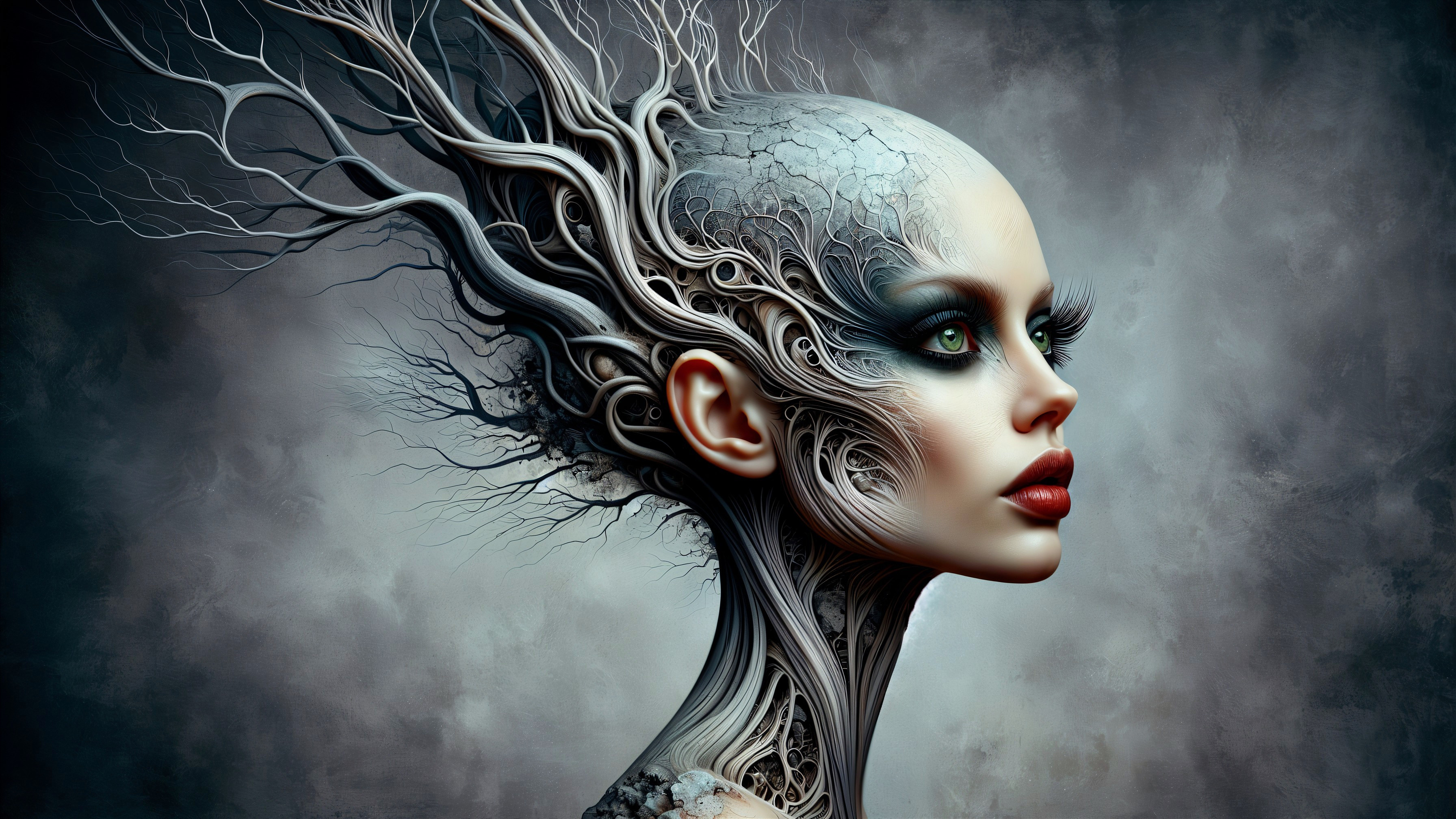 Surreal Figure with Organic Patterns and Green Eyes