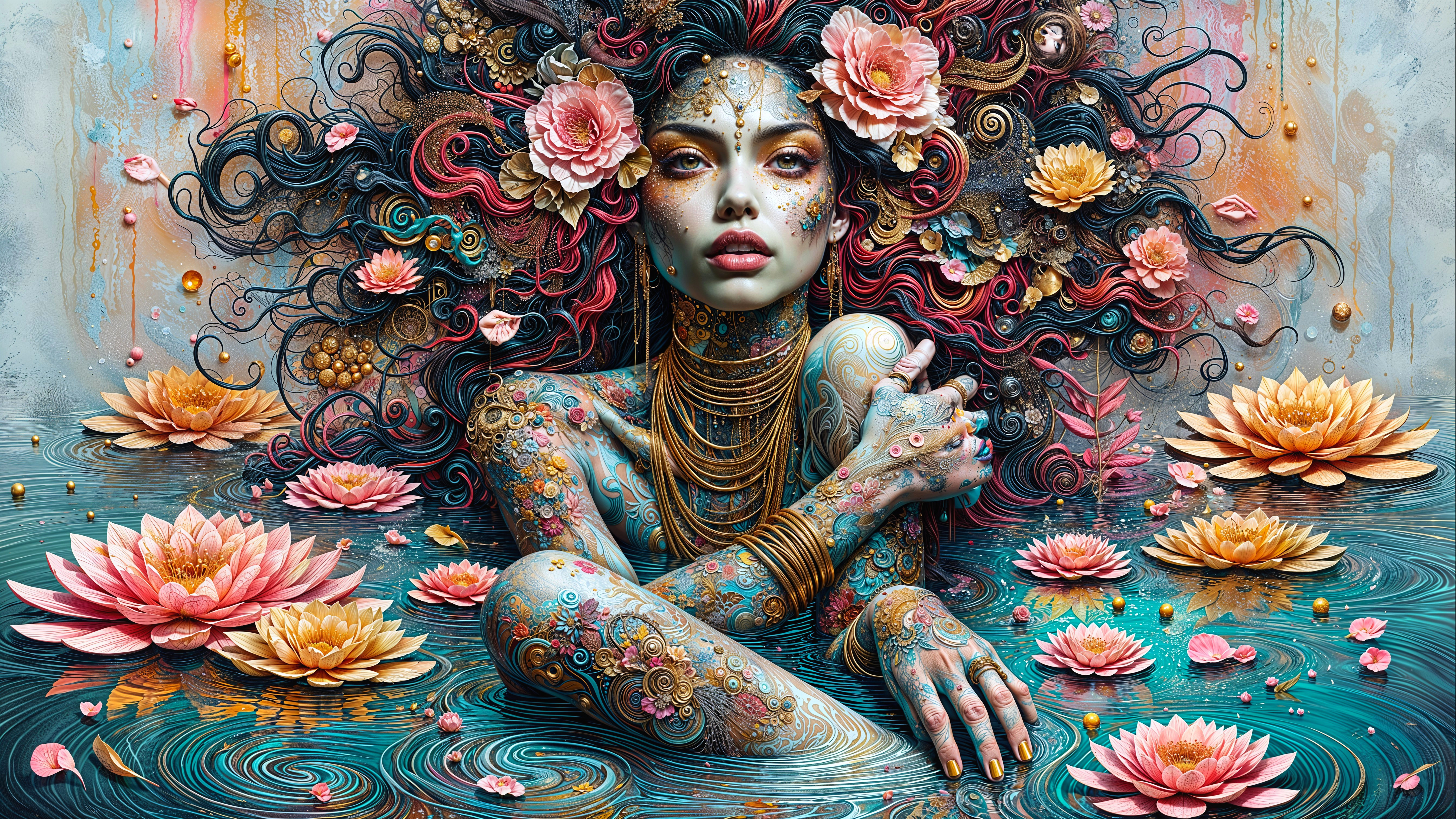 Woman in Lotus Pond Surrounded by Flowers and Tattoos