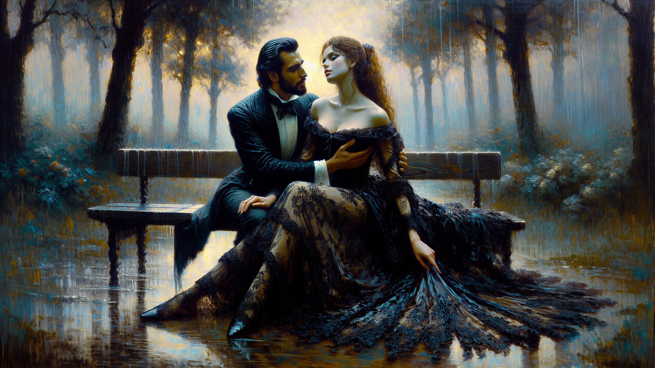 Romantic Painting of Couple in Rainstorm Setting