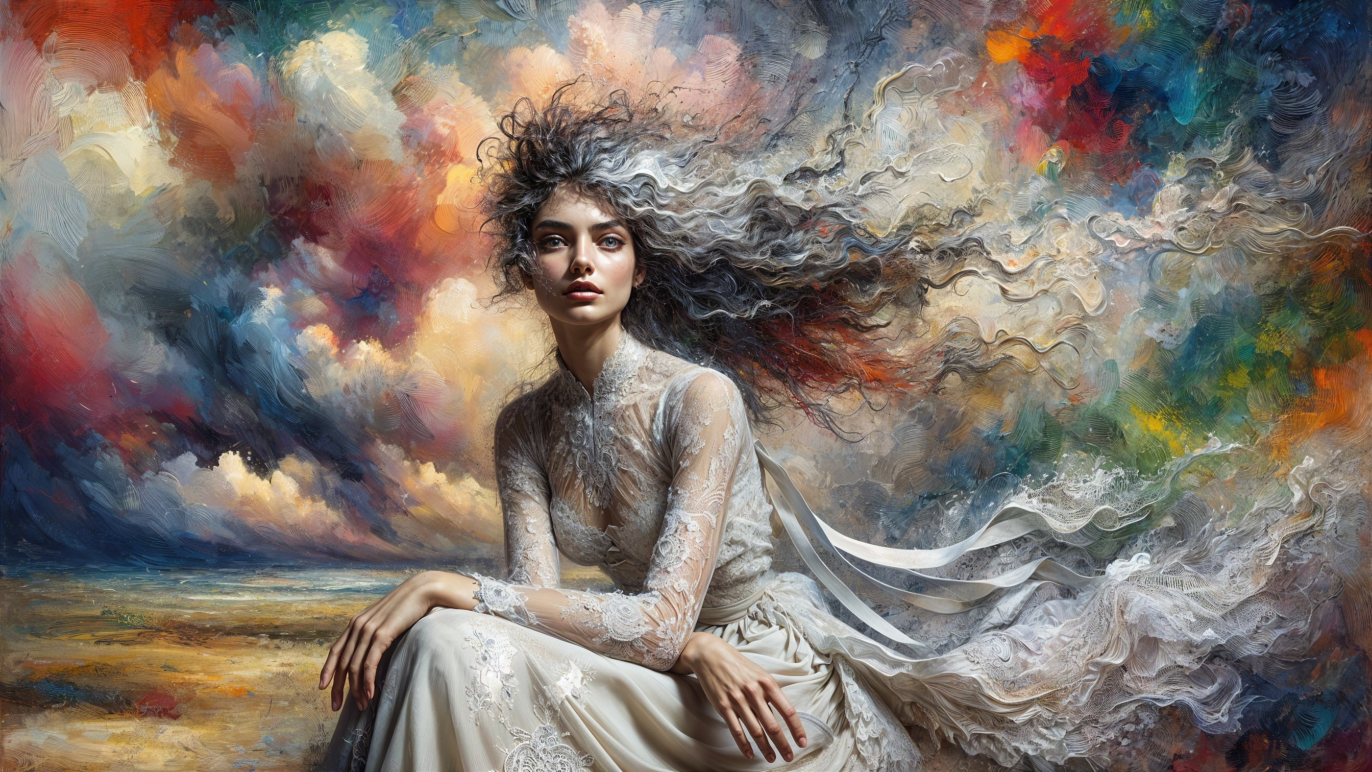 Ethereal Woman in Lace Gown Against Dramatic Clouds