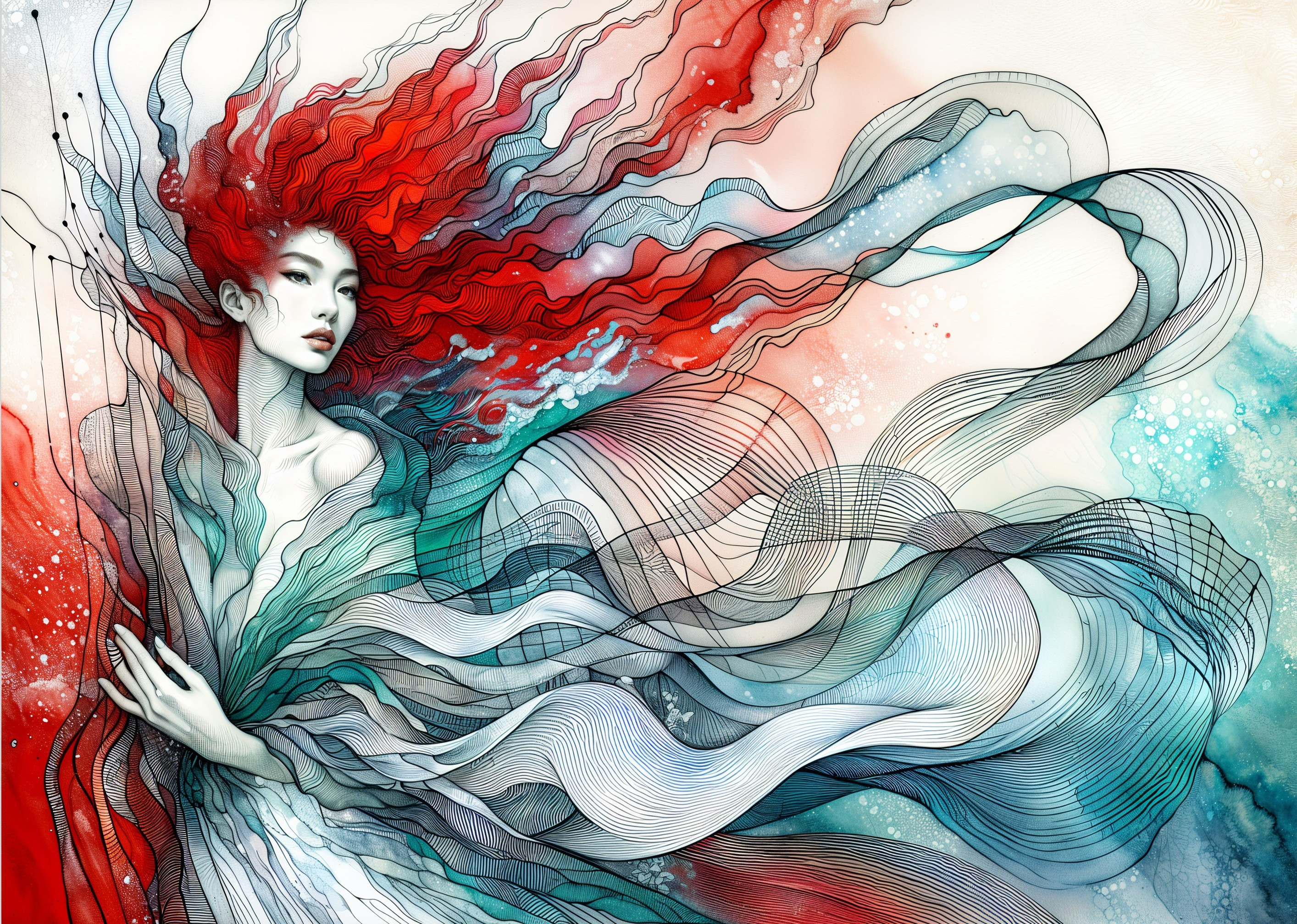 Ethereal Woman with Fiery Hair and Colorful Gown
