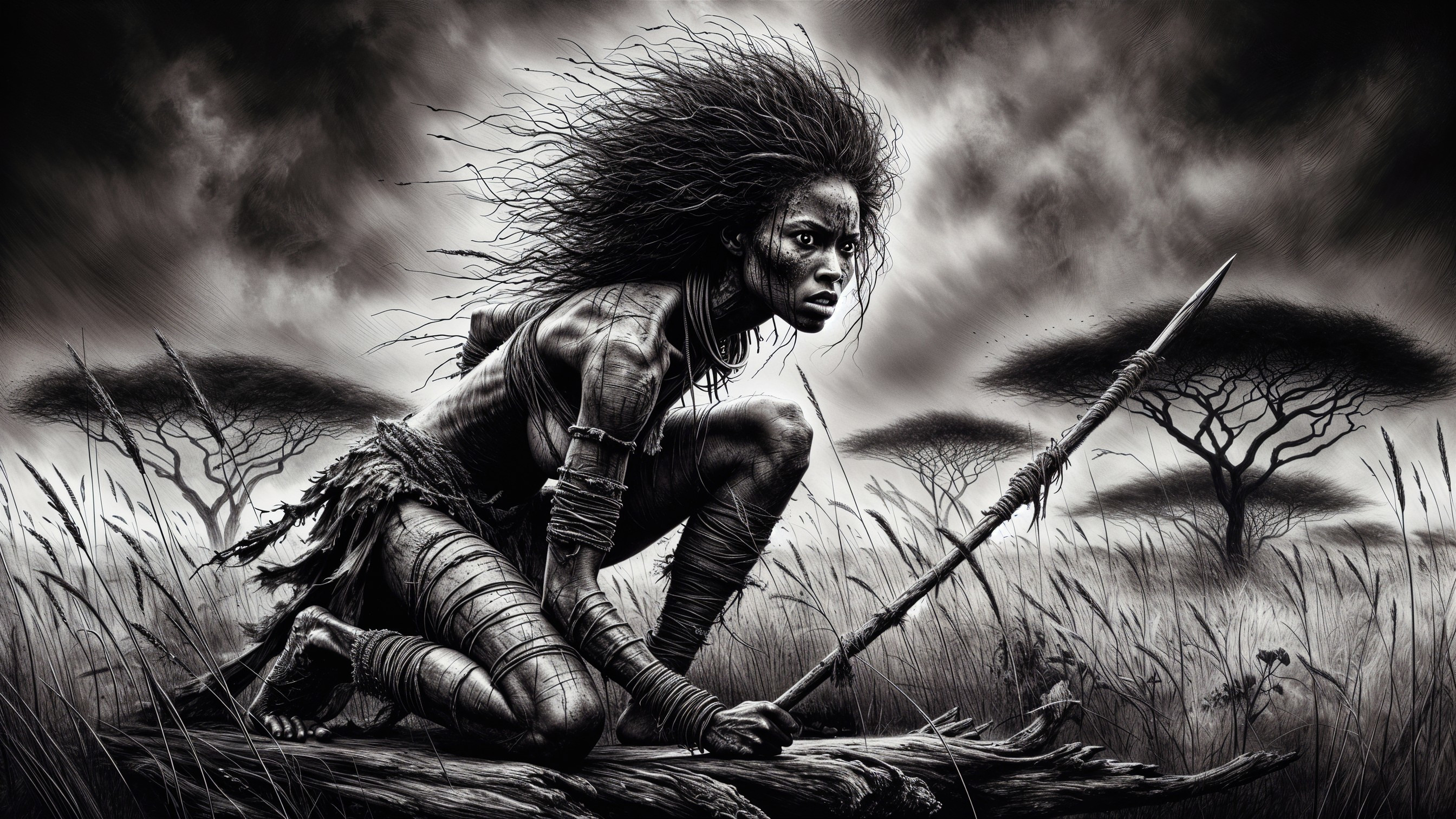 Fierce warrior in black and white on a log