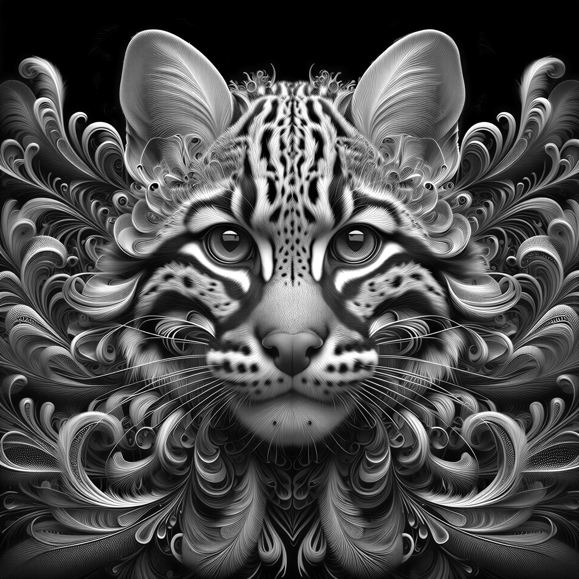Black and White Ocelot Illustration with Floral Patterns