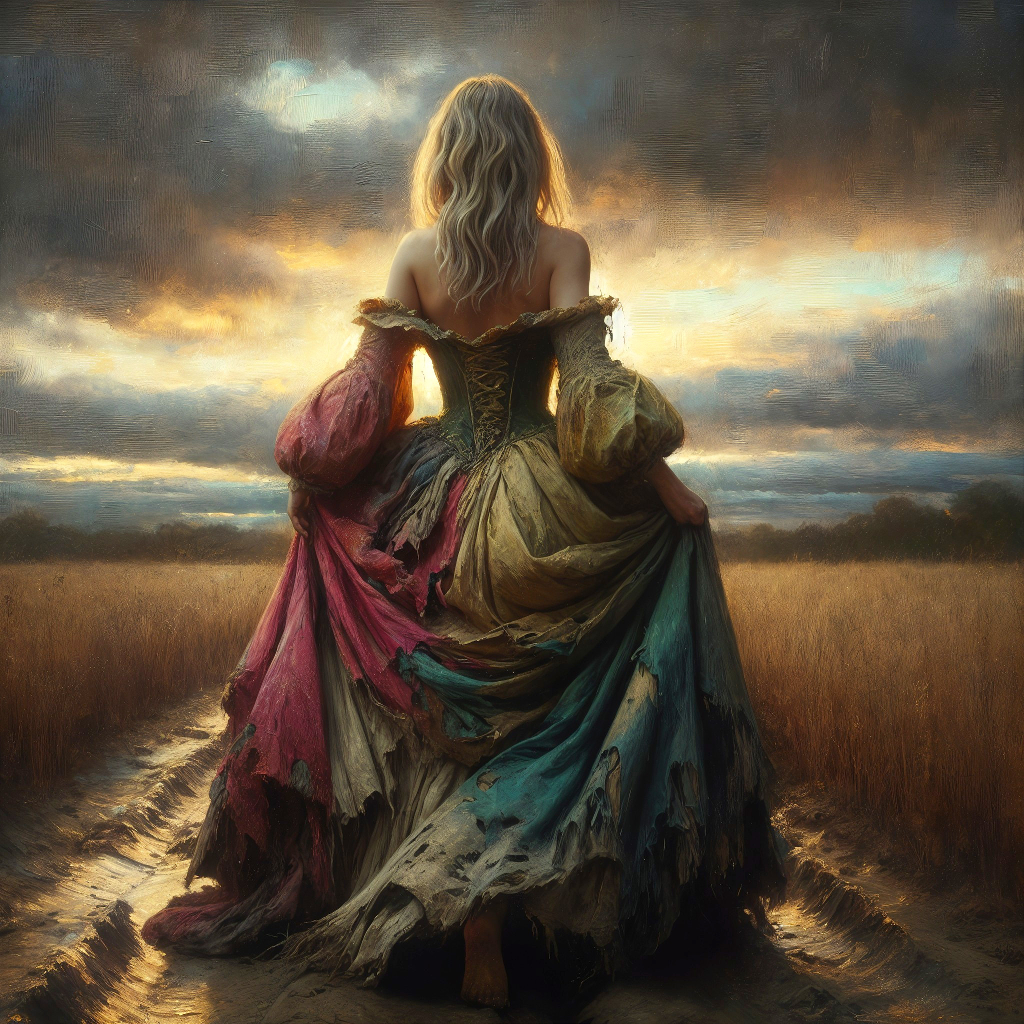 Woman in a colorful dress in a sunset field