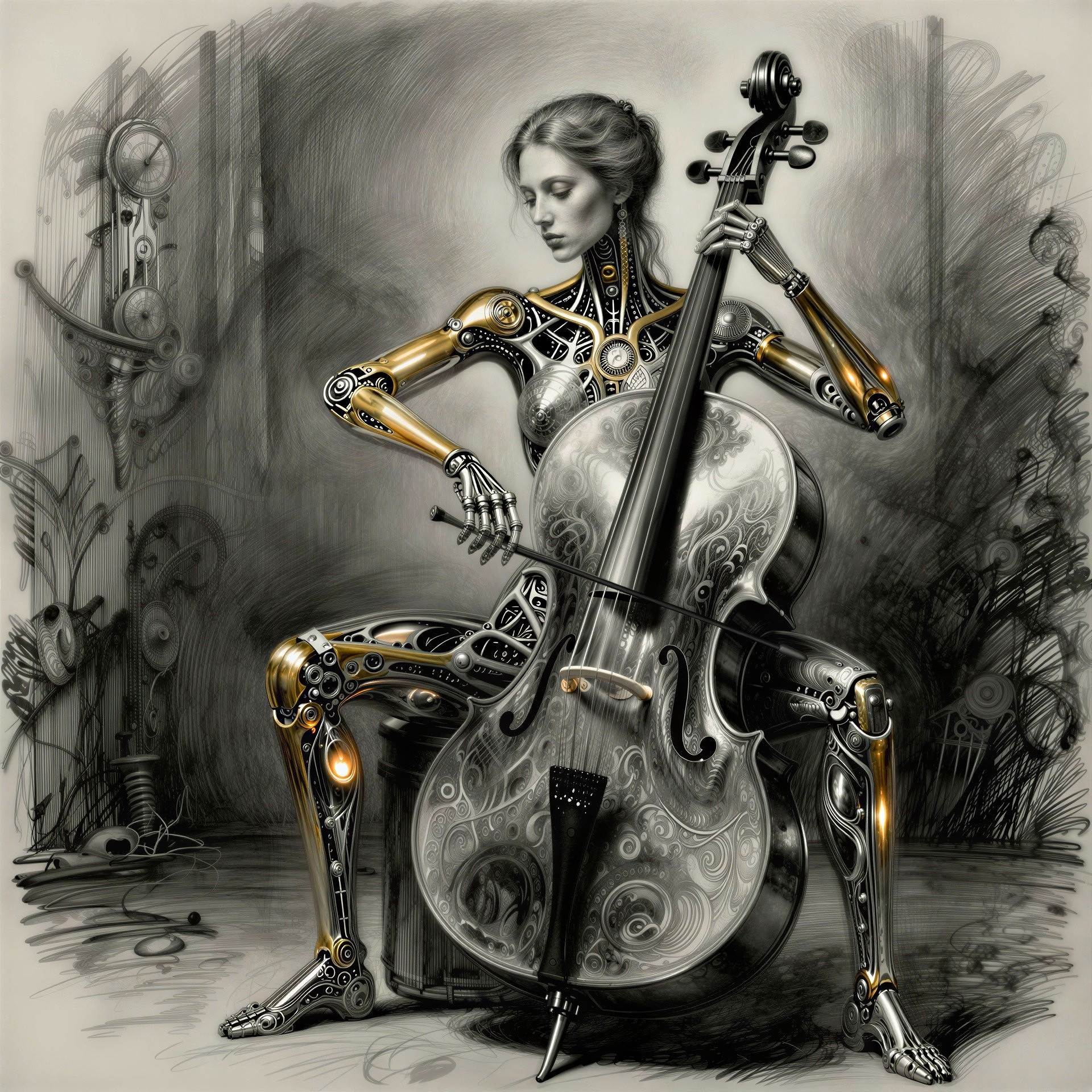 Black and White Steampunk Cyborg Cello Sketch