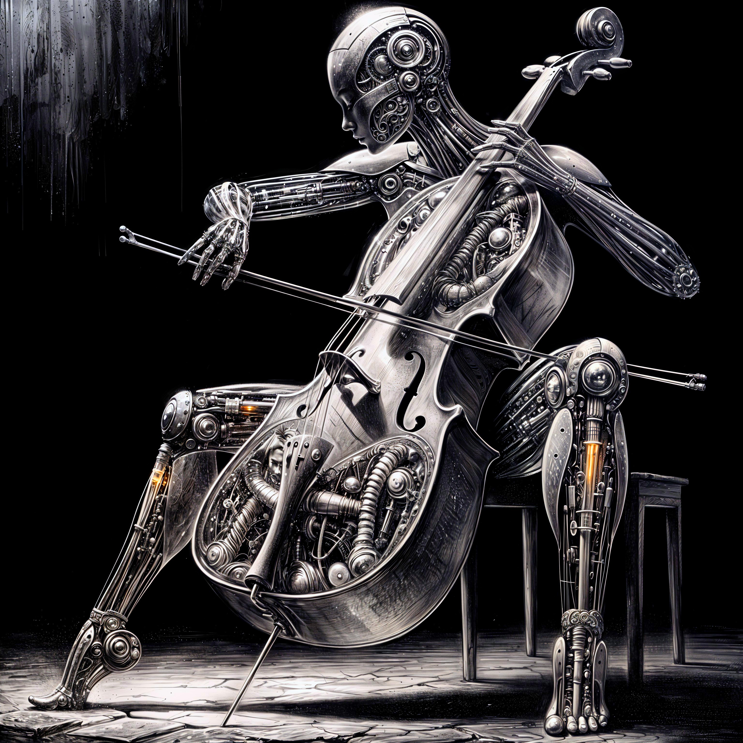 Futuristic Robot Playing Cello in Dark Background