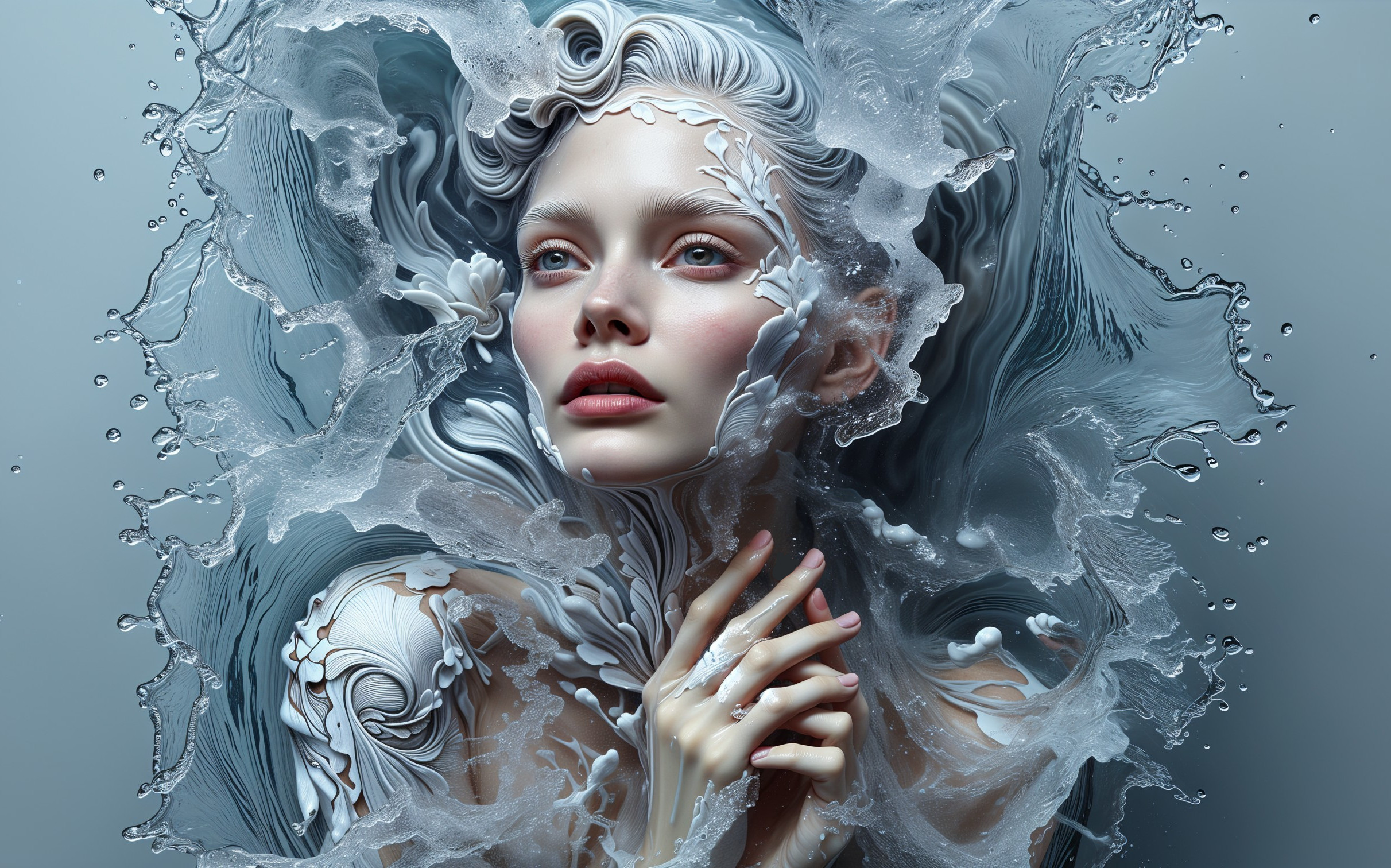 Ethereal Figure in Water with Flowing Waves and Light