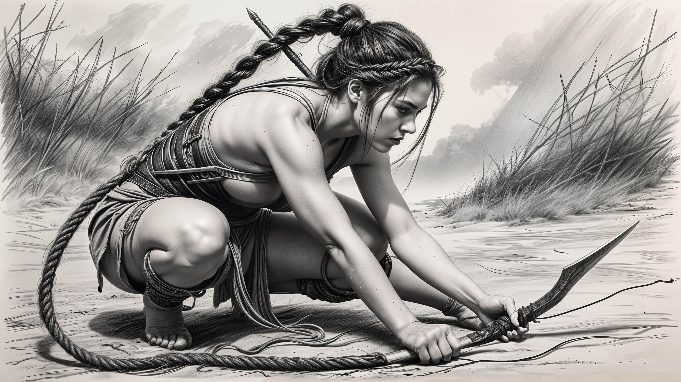 Fierce Warrior in Dynamic Crouched Position in Nature