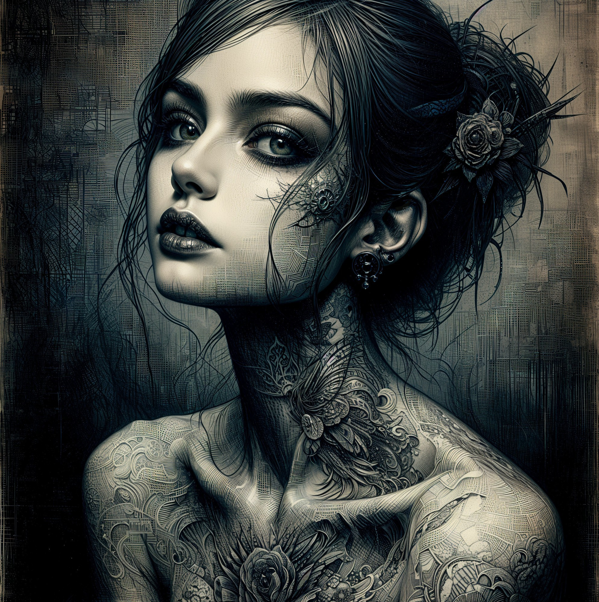 Portrait of a Woman with Intricate Tattoos and Floral Designs