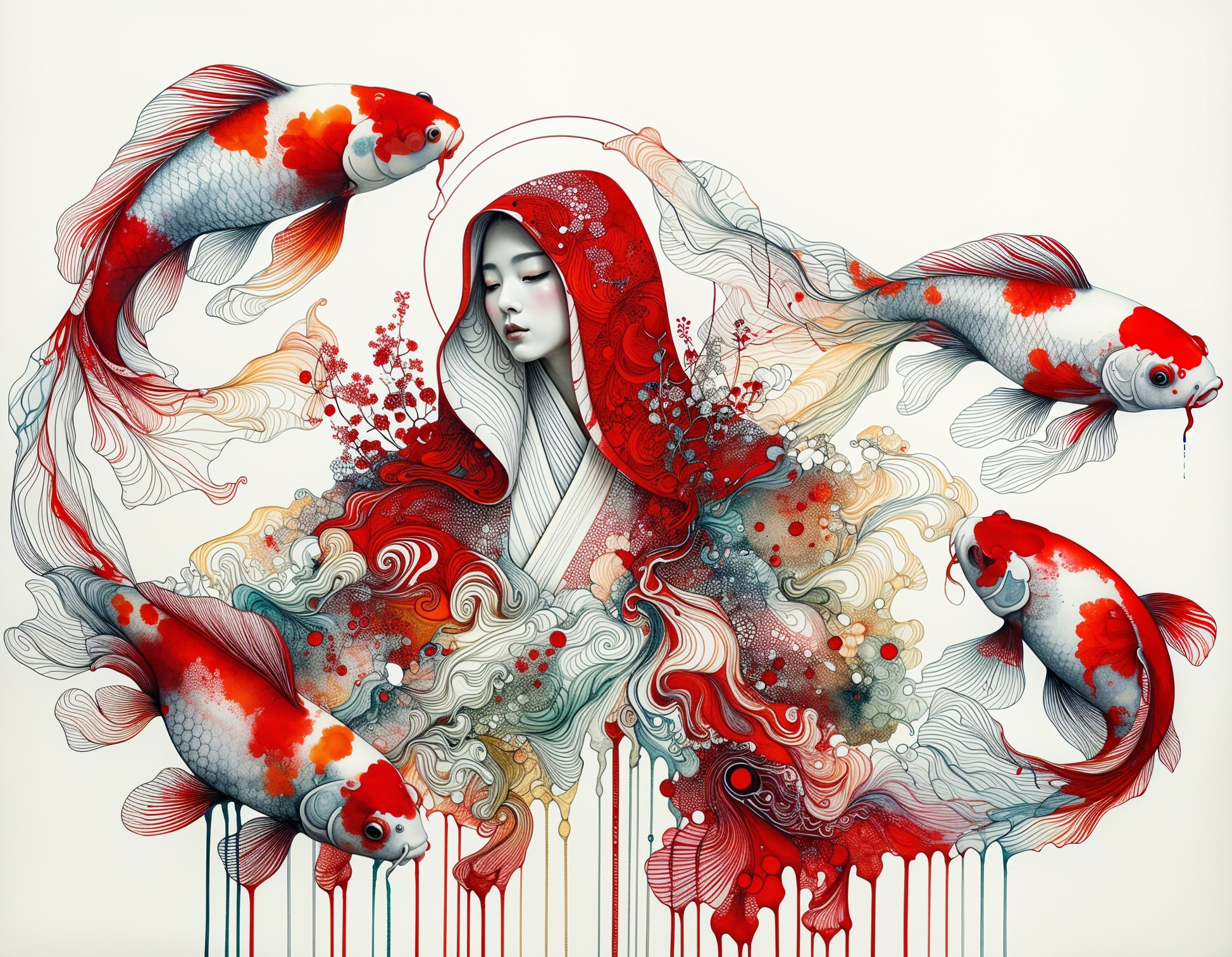 Intricate Artwork of Serene Figure in Red Hood