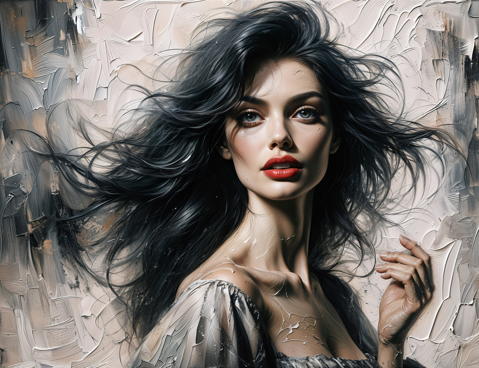 Portrait of a Woman with Dark Hair and Red Lips