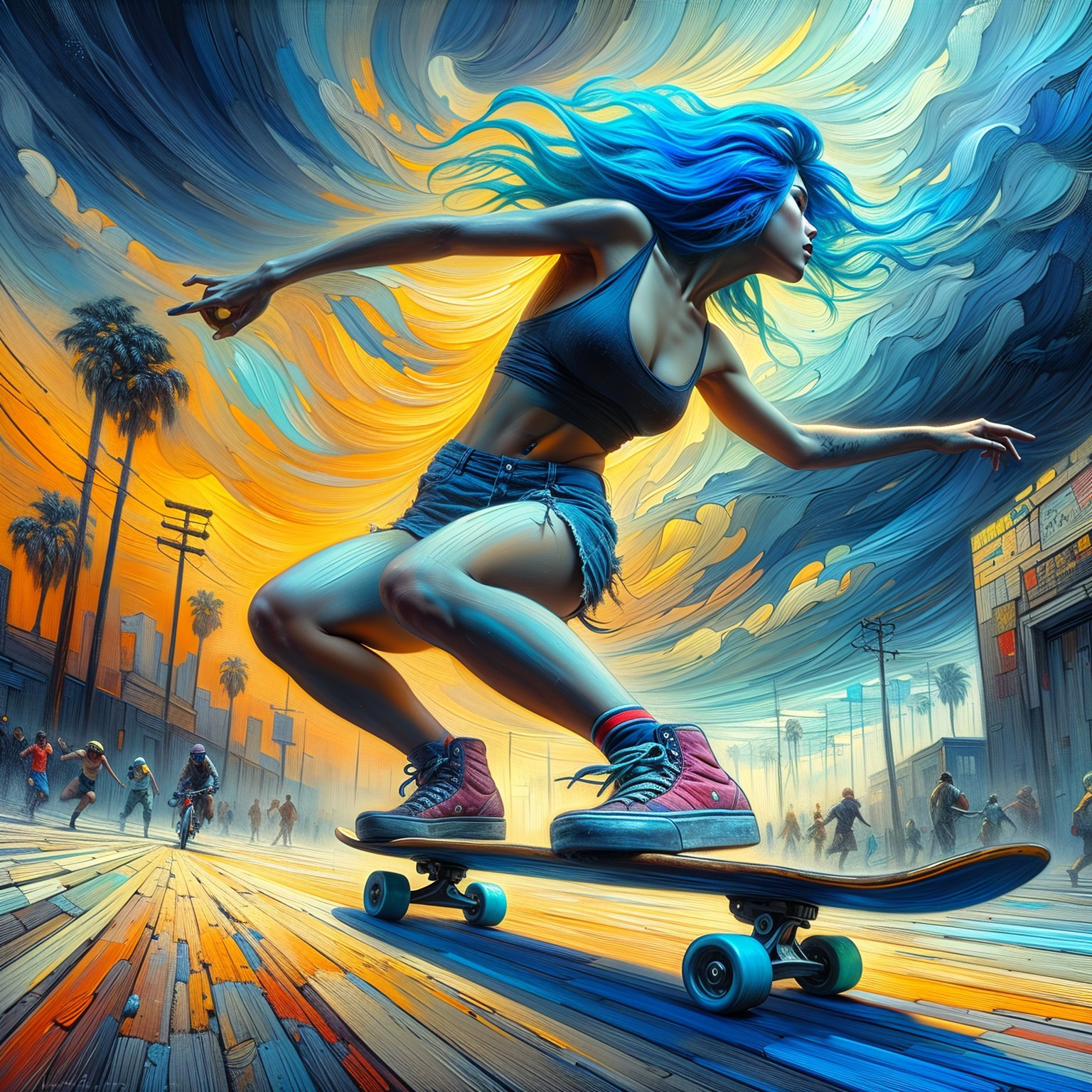 Young woman skateboarding in a vibrant urban setting