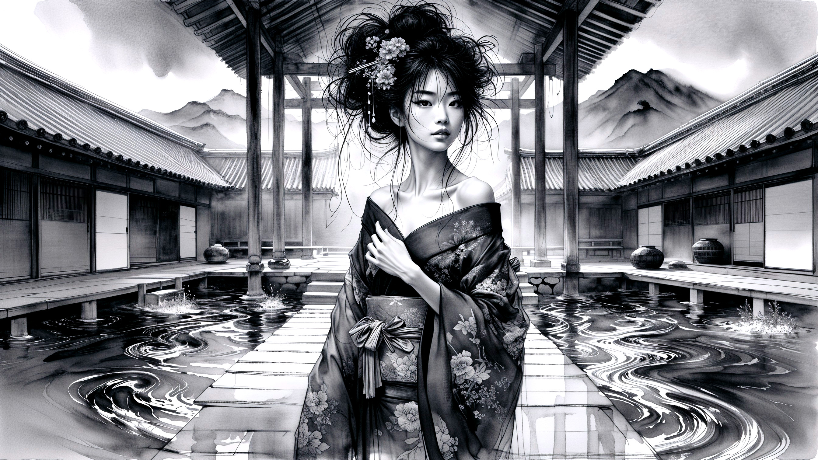 Black-and-White Illustration of a Woman in Kimono