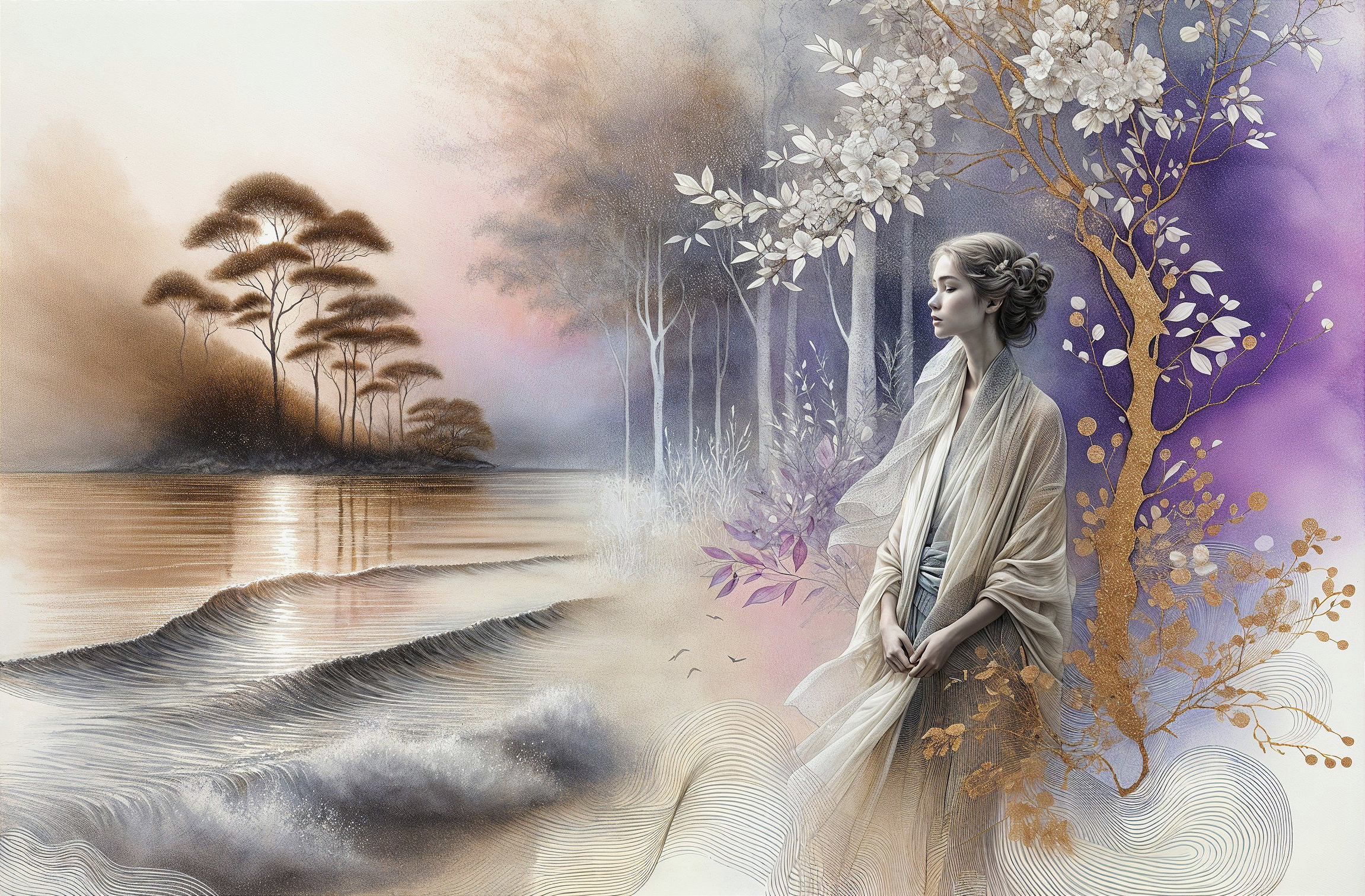Serene Landscape with Ethereal Figure in Harmony