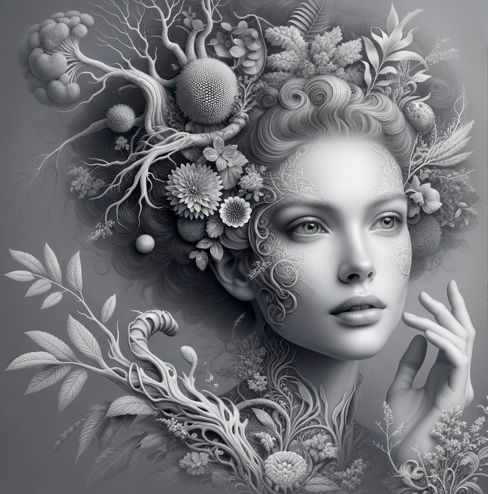 Monochromatic Portrait of Female Figure with Floral Elements