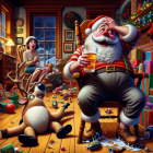 Messy Christmas Living Room with Santa and Reindeer