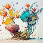 Vibrant Digital Artwork of Floral Arrangements and Butterflies