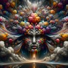 Symmetrical cosmic-tree headpieces with celestial orbs in digital art