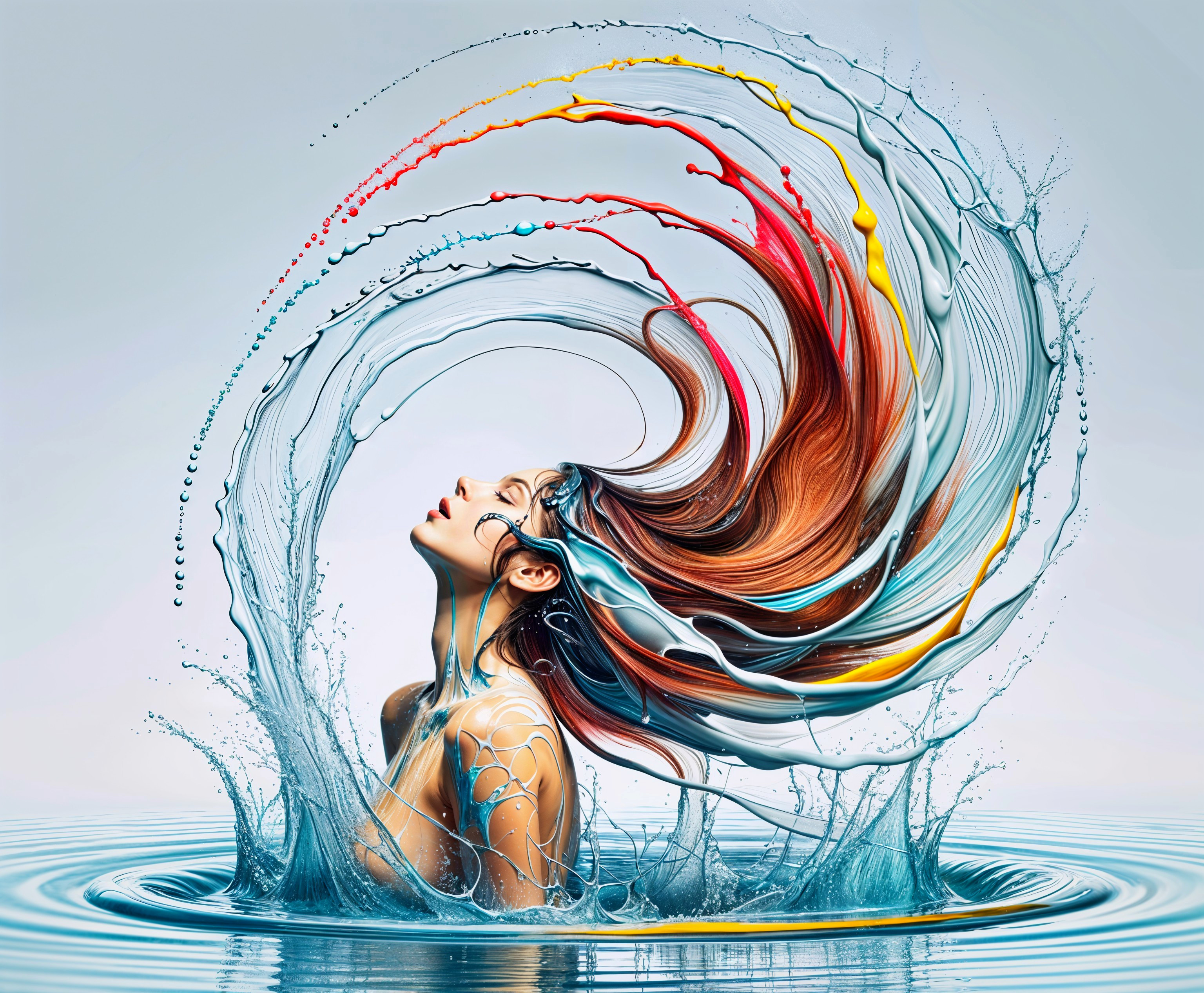 Woman Emerging from Water with Colorful Hair Swirls