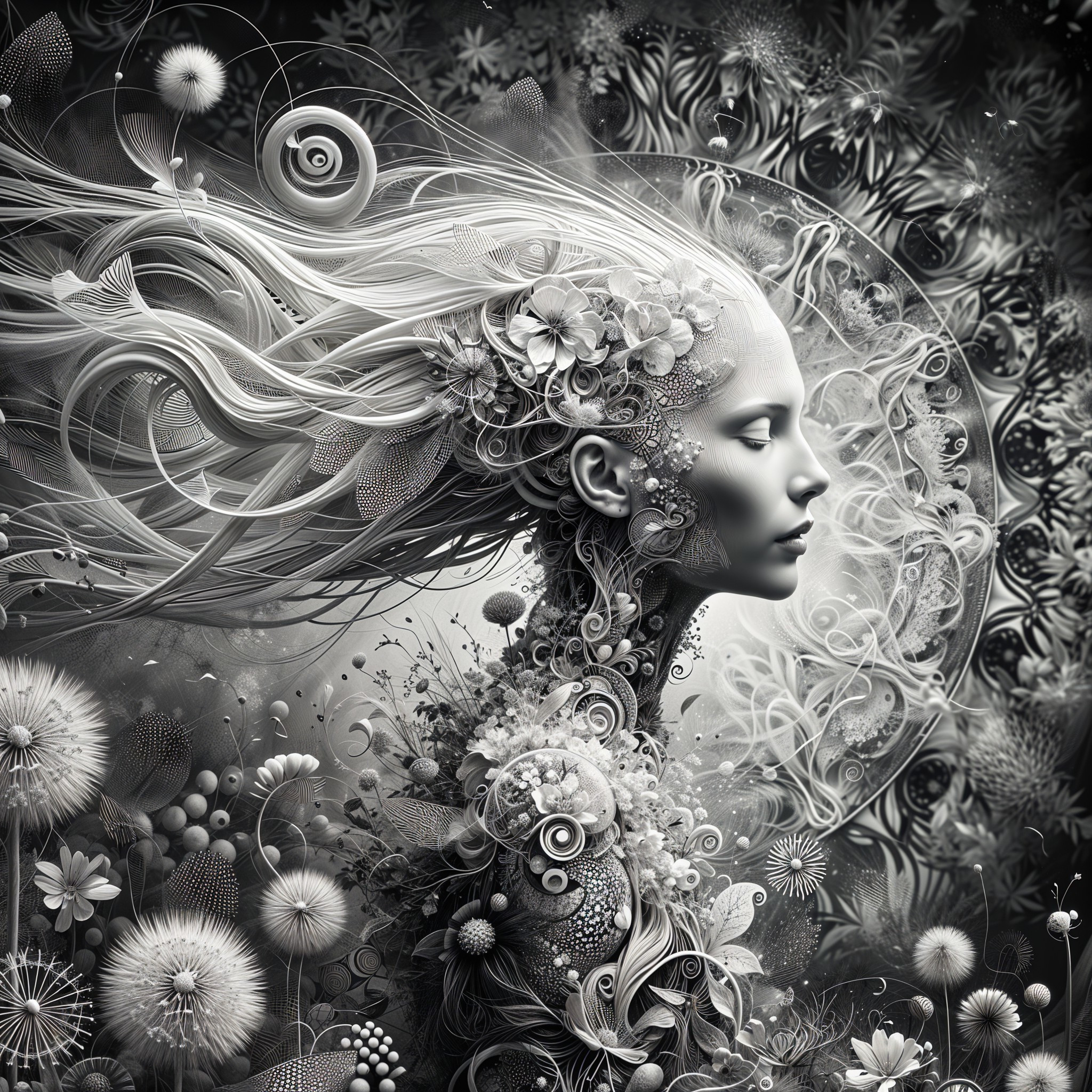 Monochromatic Portrait of Serene Female Figure with Flowers