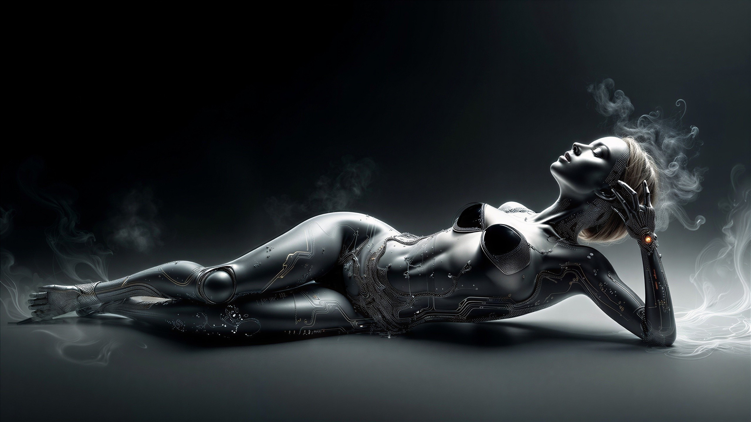 Futuristic Humanoid Figure on Dark Surface with Smoke