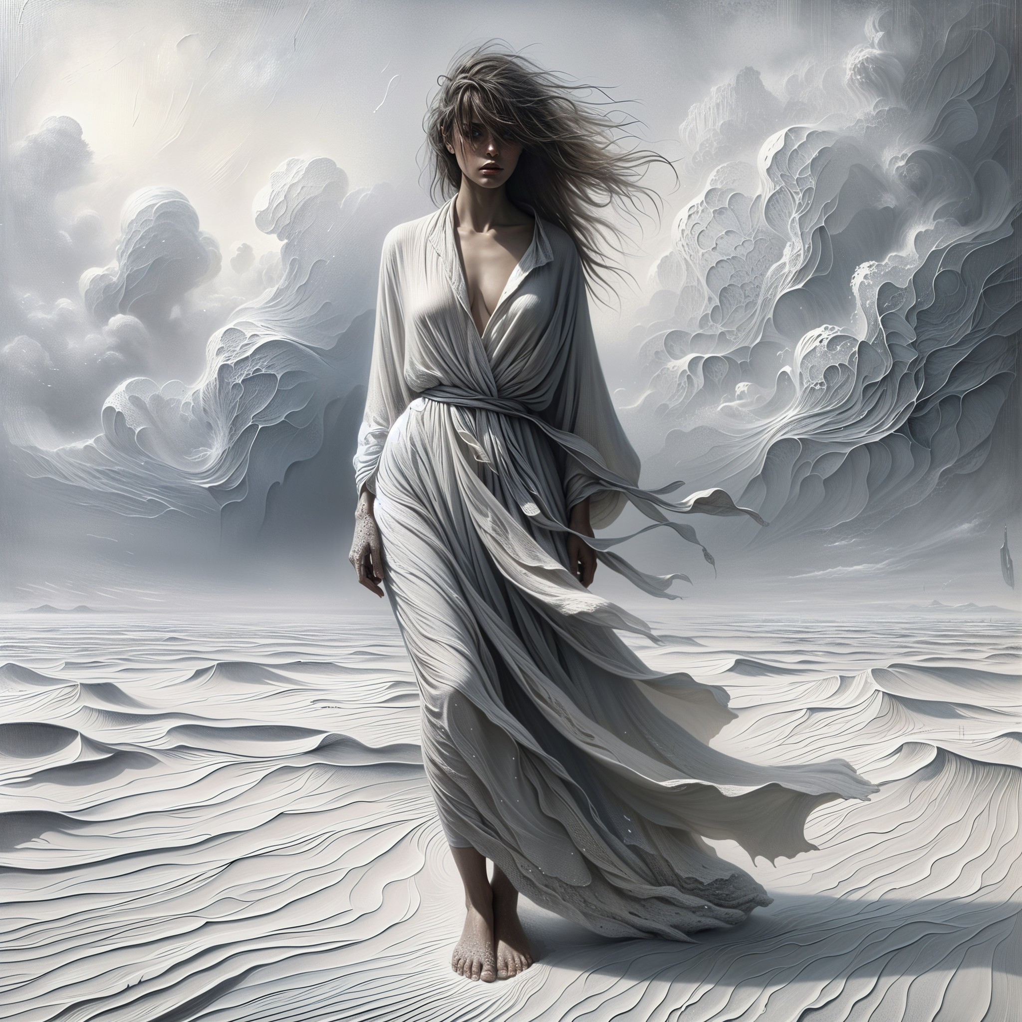 Serene Figure in Ethereal Landscape with Clouds