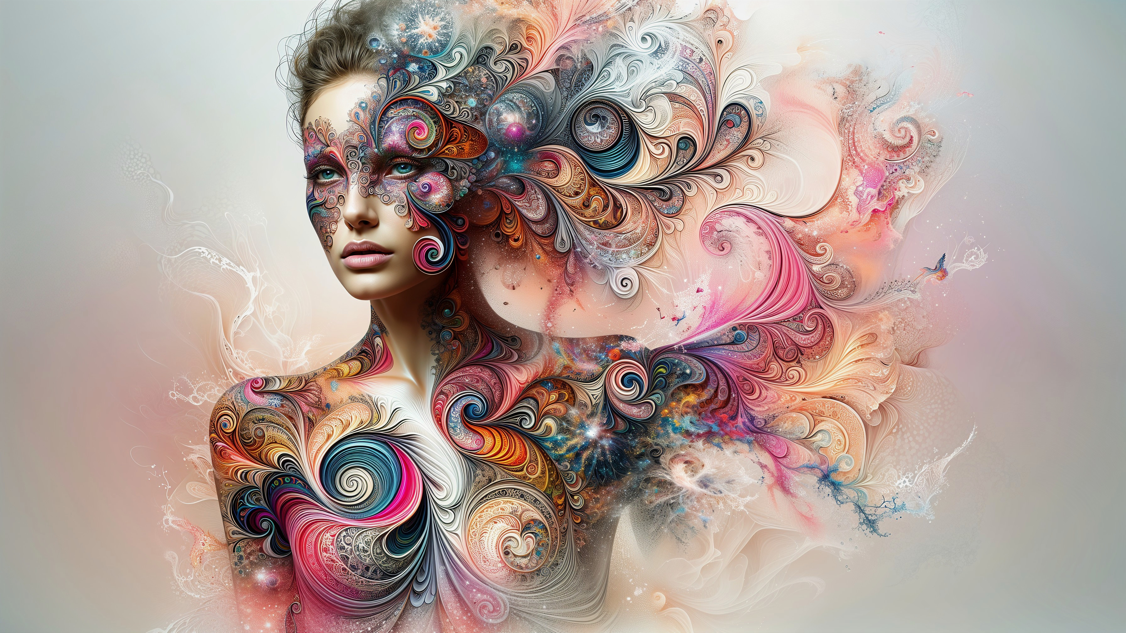 Surreal Composition of Stylized Female Figure and Patterns