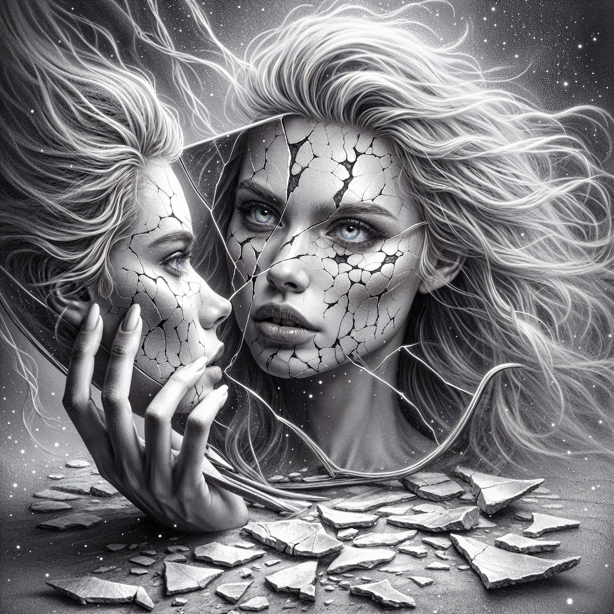 Black-and-White Illustration of a Cracked Face