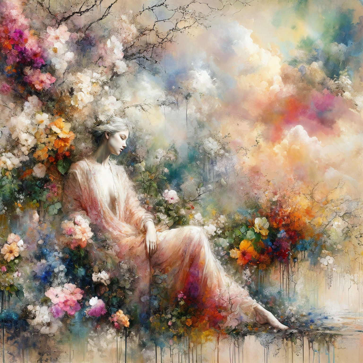 Serene Figure Surrounded by Vibrant Flowers and Hues