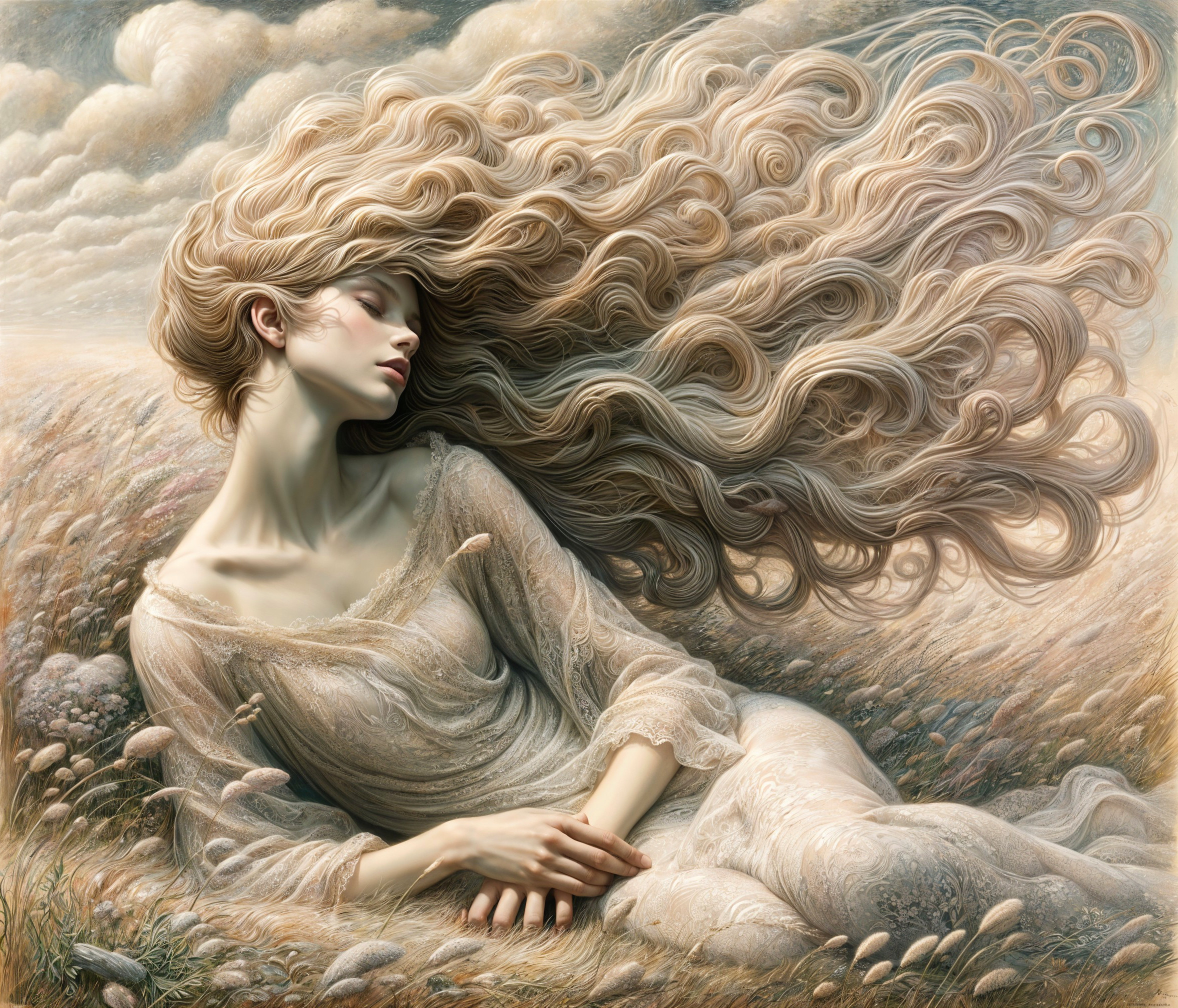 Tranquil Figure in Ethereal Gown Among Soft Grasses