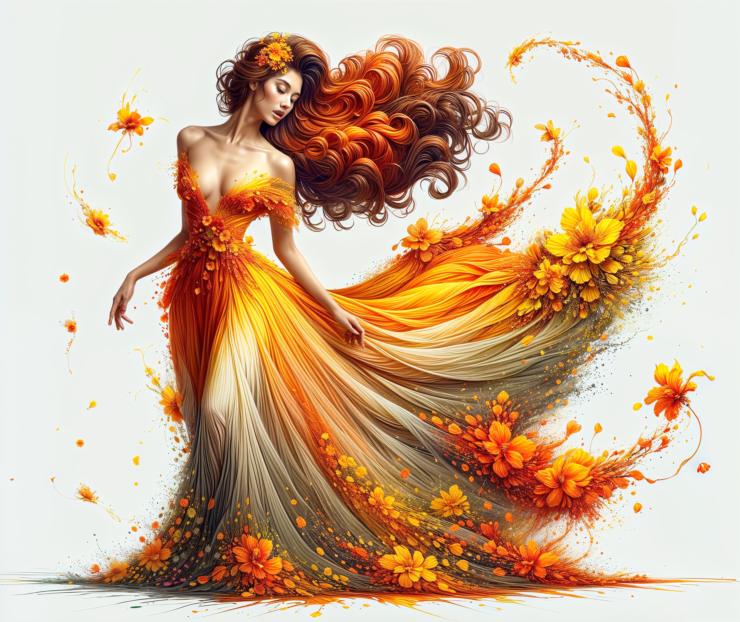 Graceful Woman in Flowing Autumn-Inspired Gown