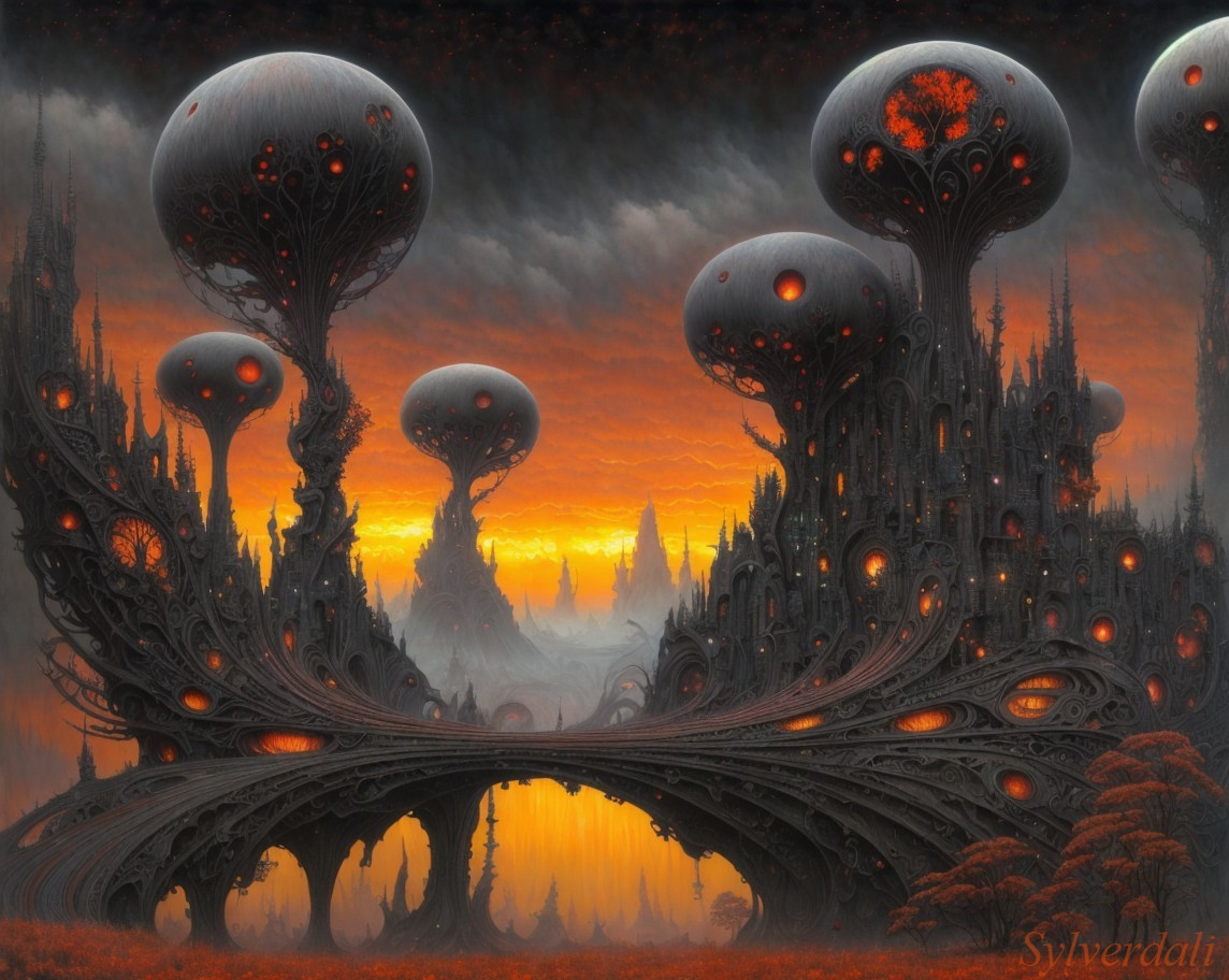 Fantastical sunset landscape with mushroom structures and reflective lake