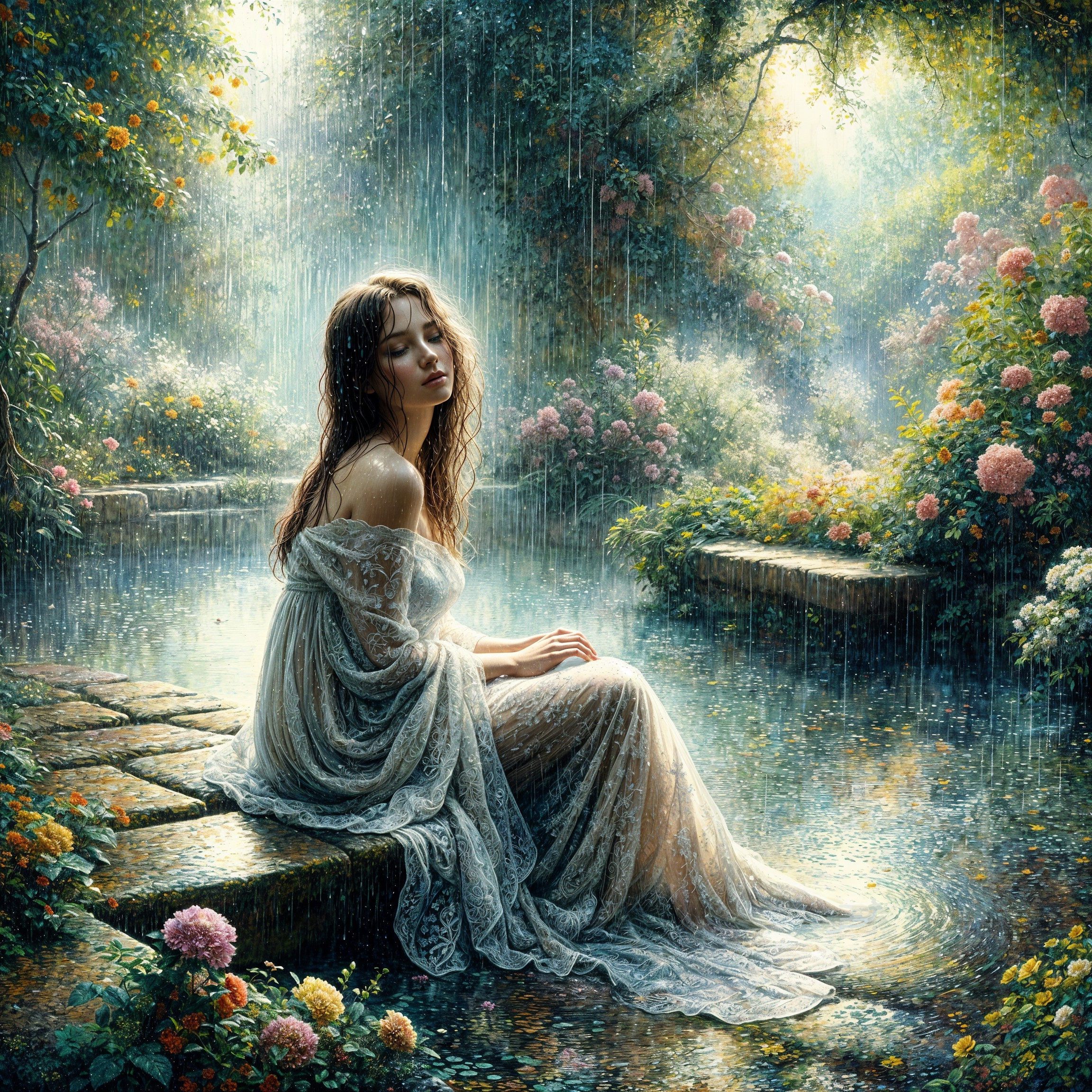 Young Woman in White Gown by Tranquil Garden Pond