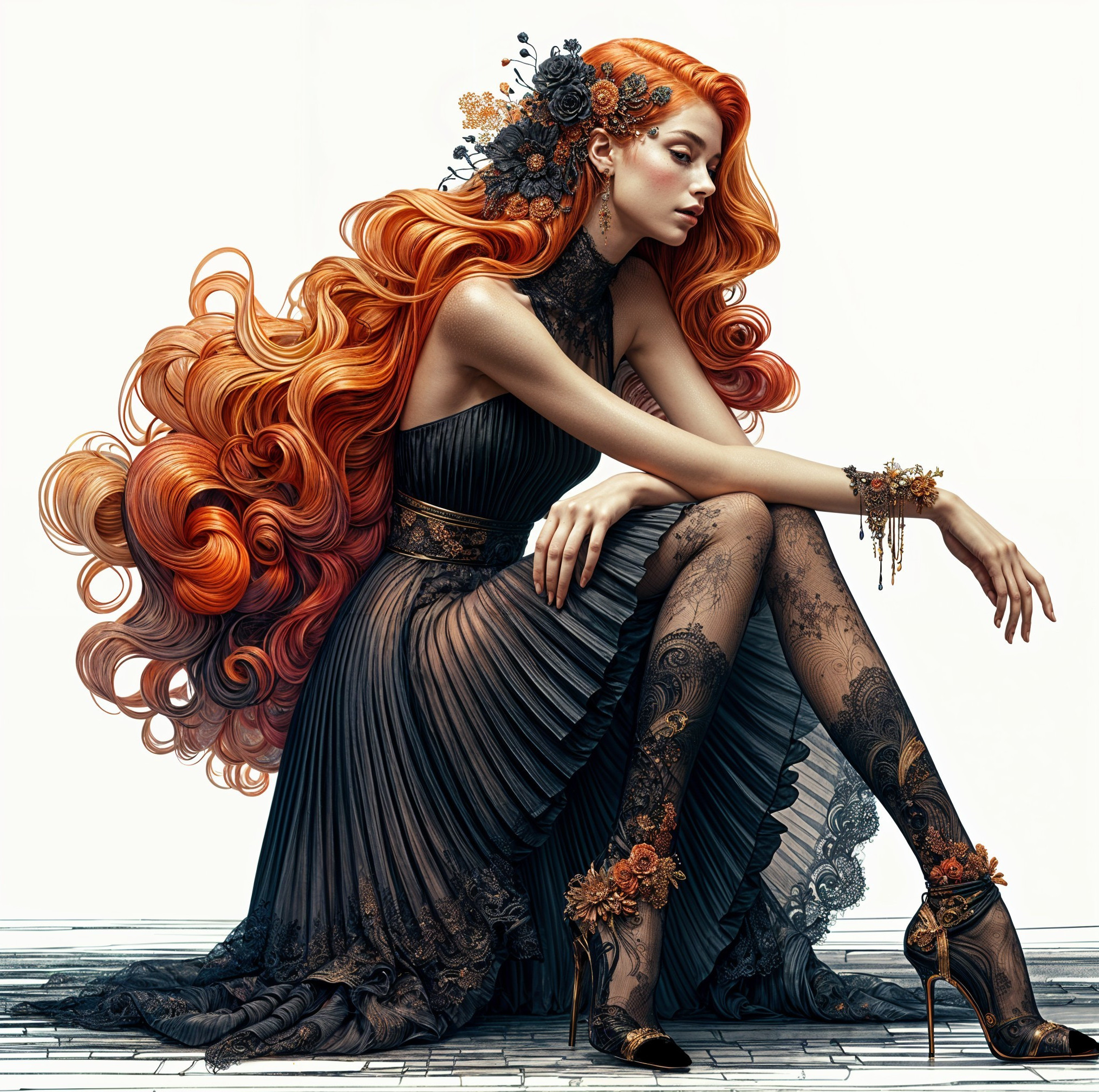 Elegant figure in black dress with vibrant orange hair