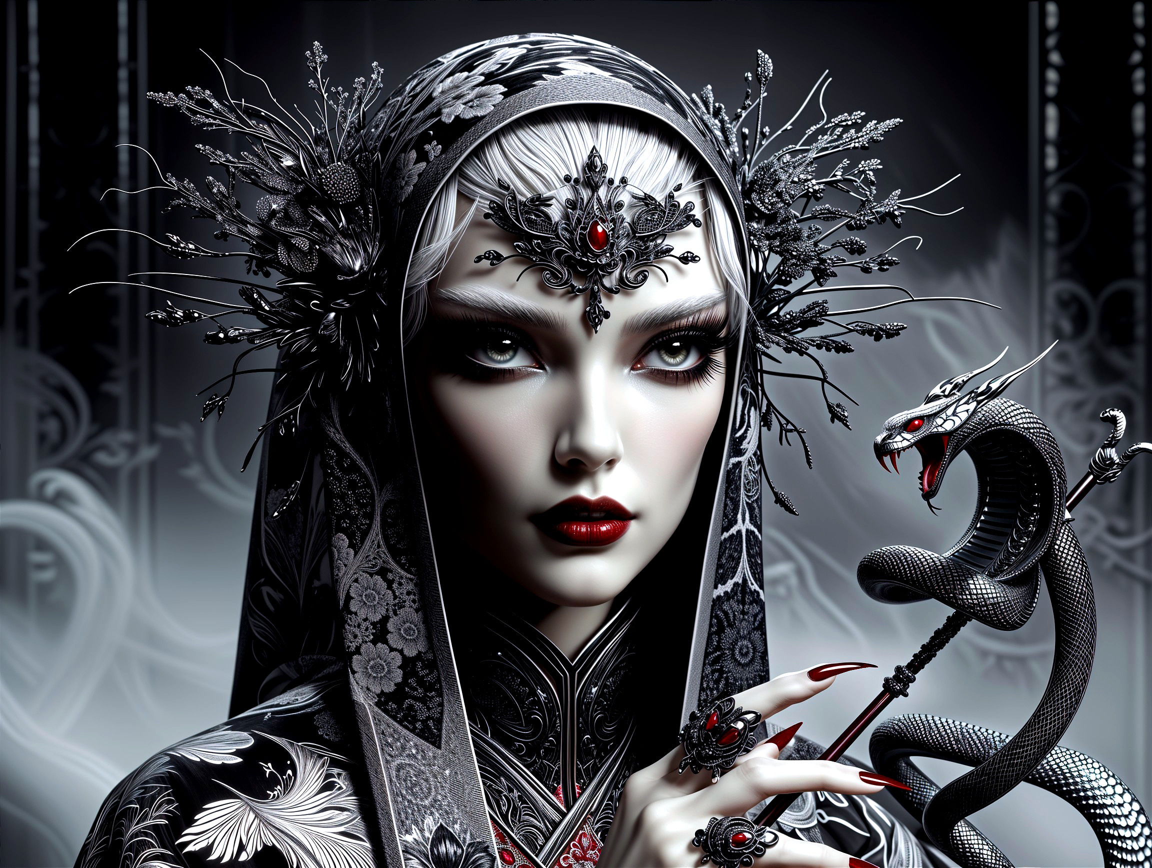 Intricate Black and Silver Attire with Floral Motifs