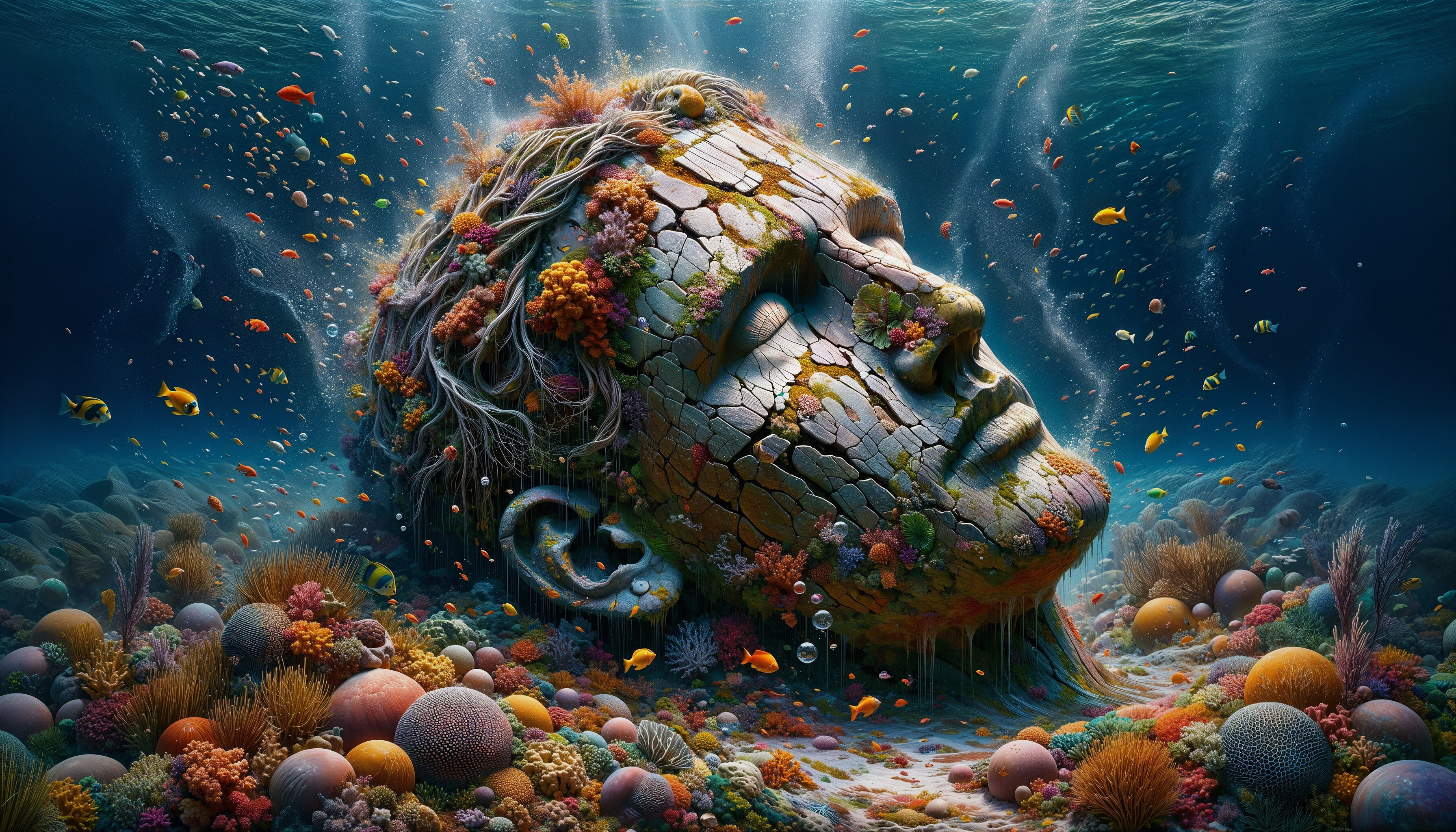 Submerged Colossal Stone Head Surrounded by Marine Life