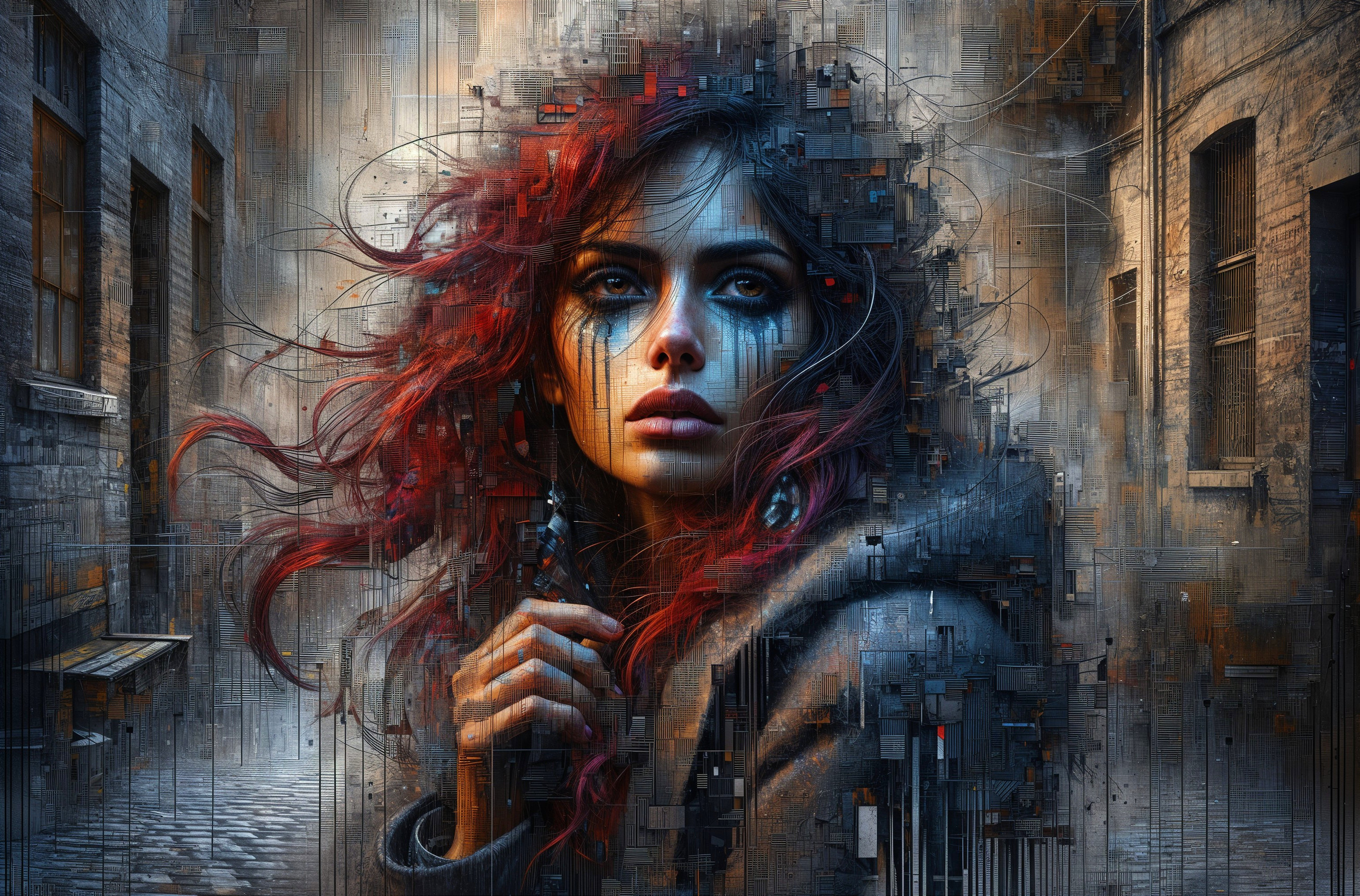 Young woman with red hair in surreal urban landscape