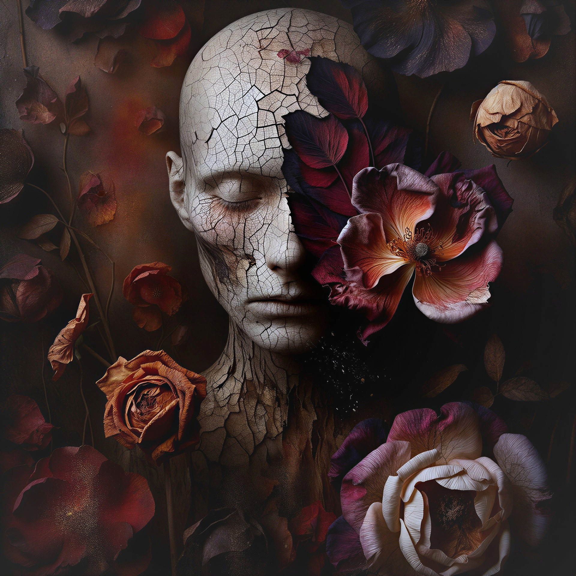 Surreal Human Face Merging with Dark Flowers