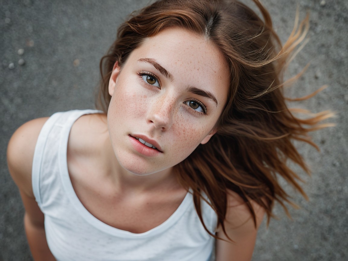 Caucasian Woman with Freckles in High-Angle Shot
