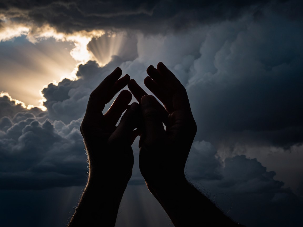 Silhouetted Hands Against Dramatic Cloudy Sky