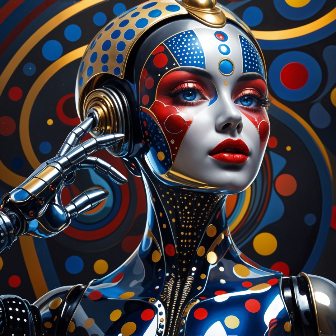 Futuristic robotic figure with metallic sheen and colors