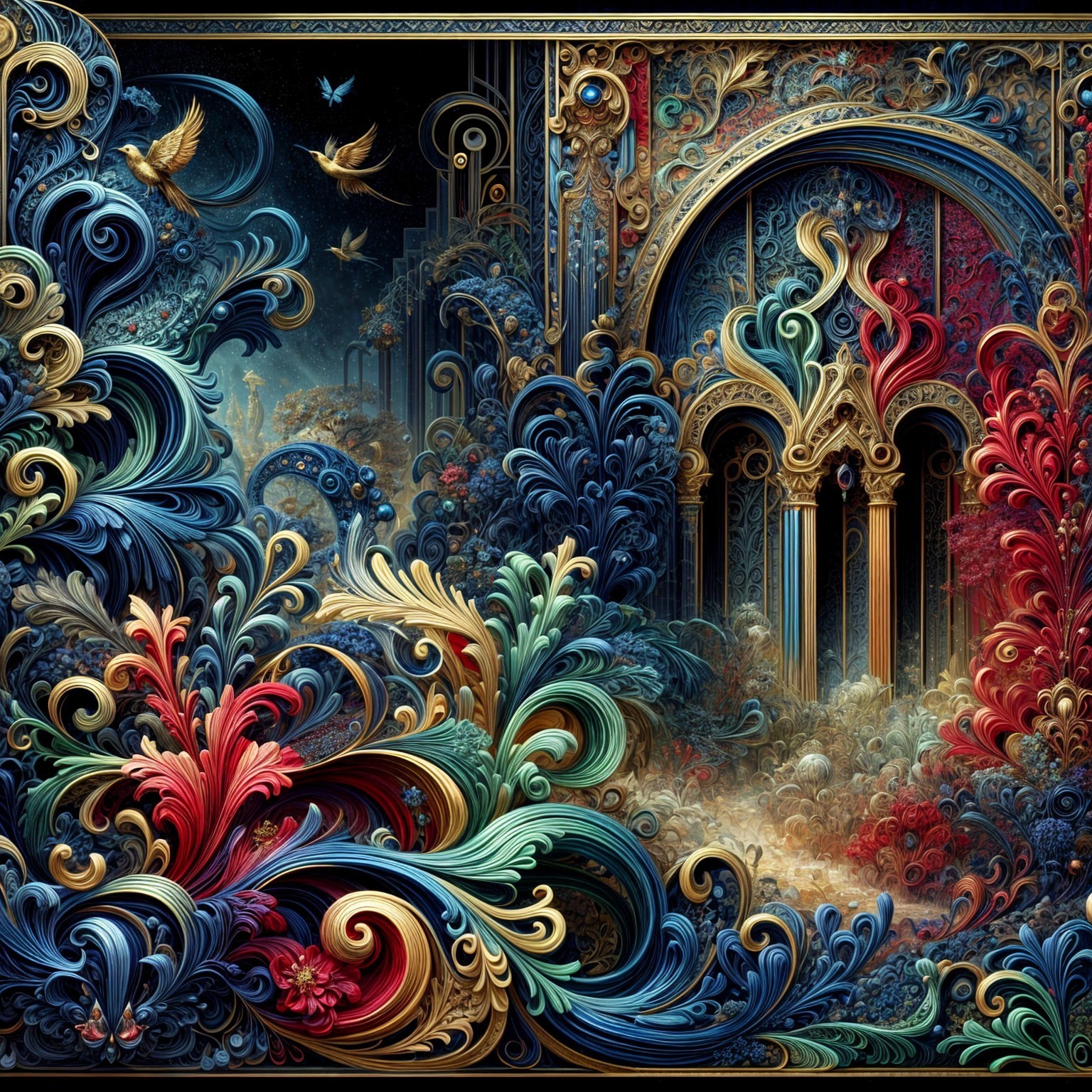 Vibrant Tapestry with Floral Motifs and Birds