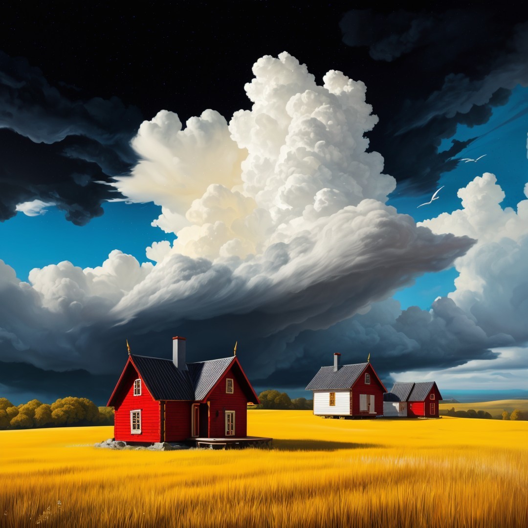 Vibrant Yellow Fields and Quaint Houses Under Clouds