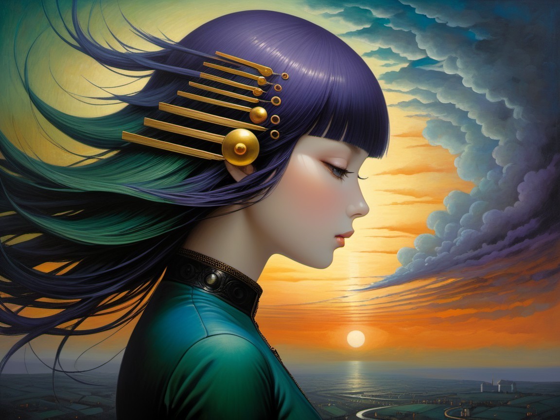 Profile of a Woman with Long Hair at Sunset