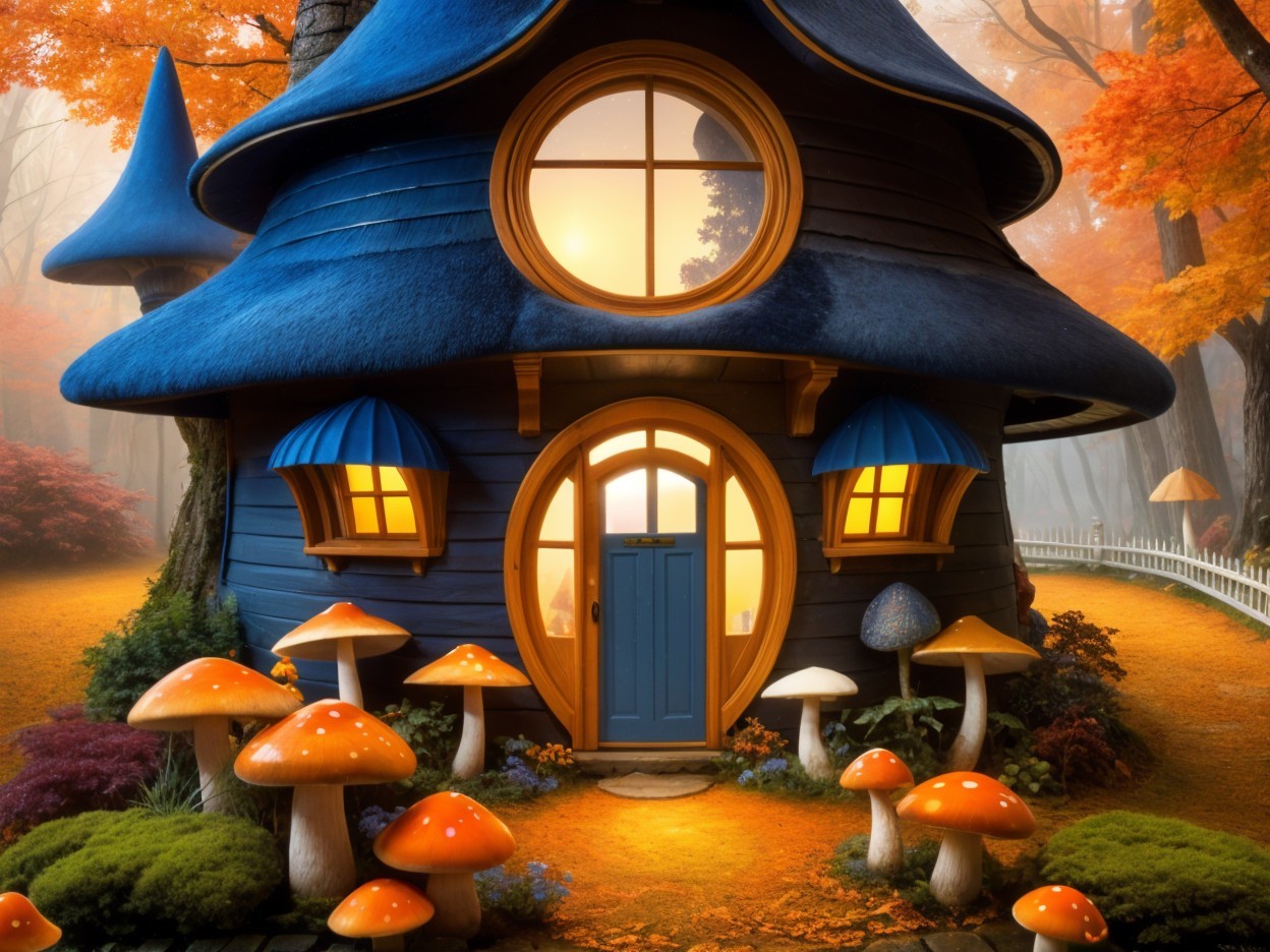 Whimsical cottage with blue mushroom roof in forest