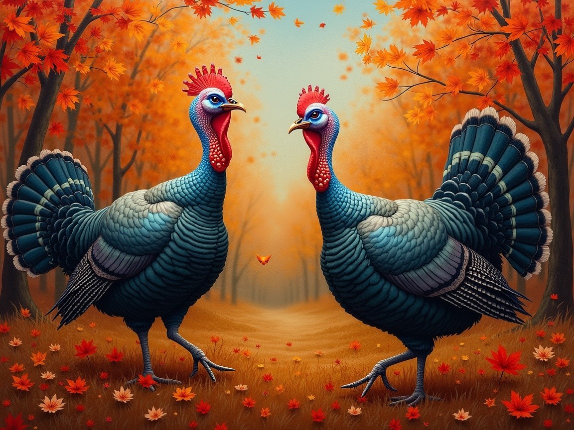 Autumn Landscape with Turkeys and Colorful Foliage