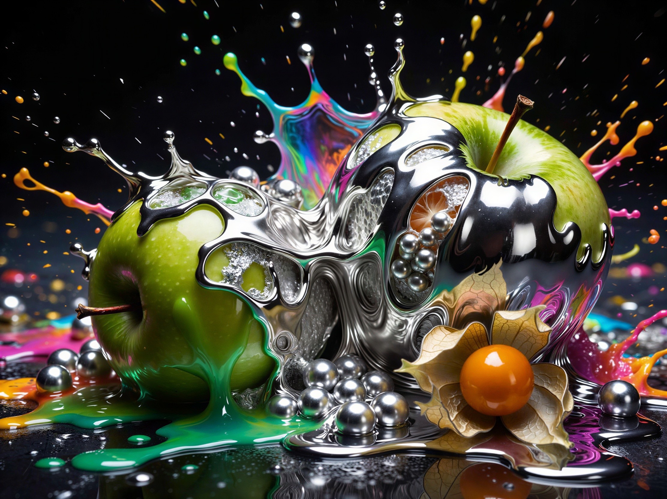 Green Apples with Colorful Juices and Silver Liquid