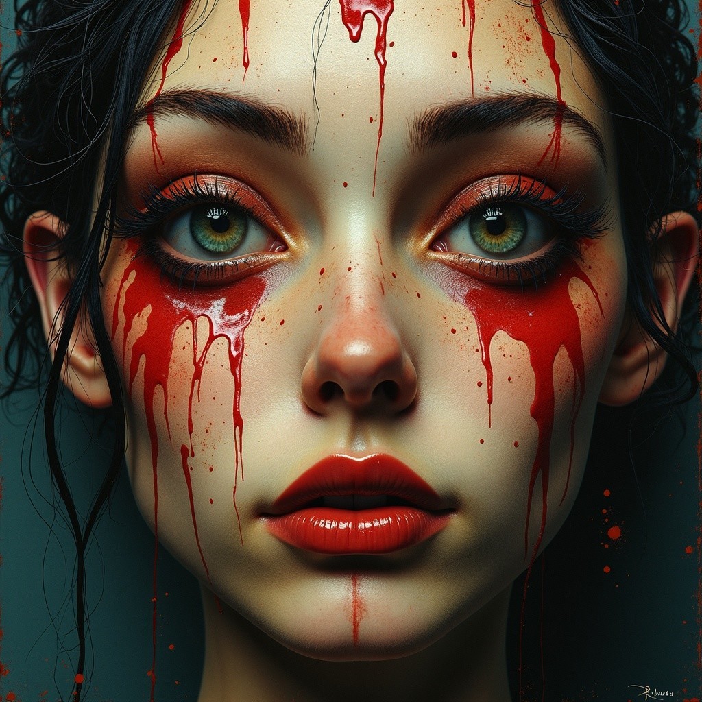 Close-up of a young woman with dramatic makeup and intensity
