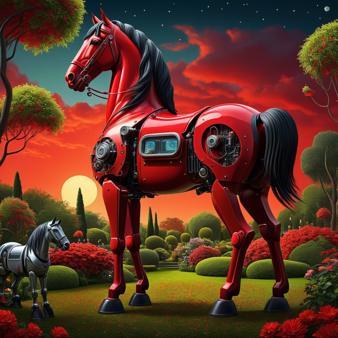 Red Robotic Horse in Garden at Sunset Scene